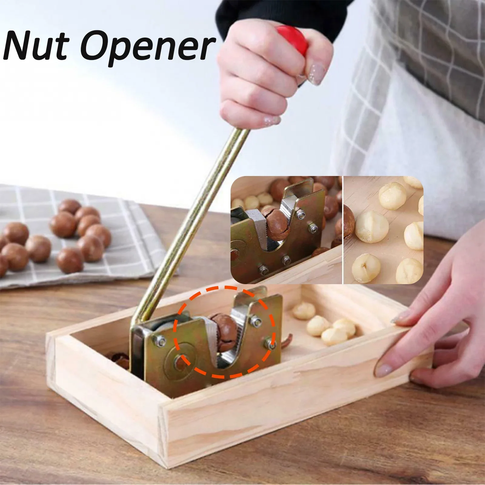 Multifunctional Macadamia Peeling Machine with Metal Handle Nut Opener Fast Open Sturdy Wood Storage Racks for Hazelnuts Almonds