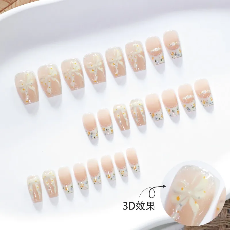 Süße, damenhafte 3D-Schleife, Nagelkunst, künstliche Nägel, kurzes Ballett, tragbare Nagelstücke, Katzenauge, Spitze, kleine Blume, tragbare Nagelstücke