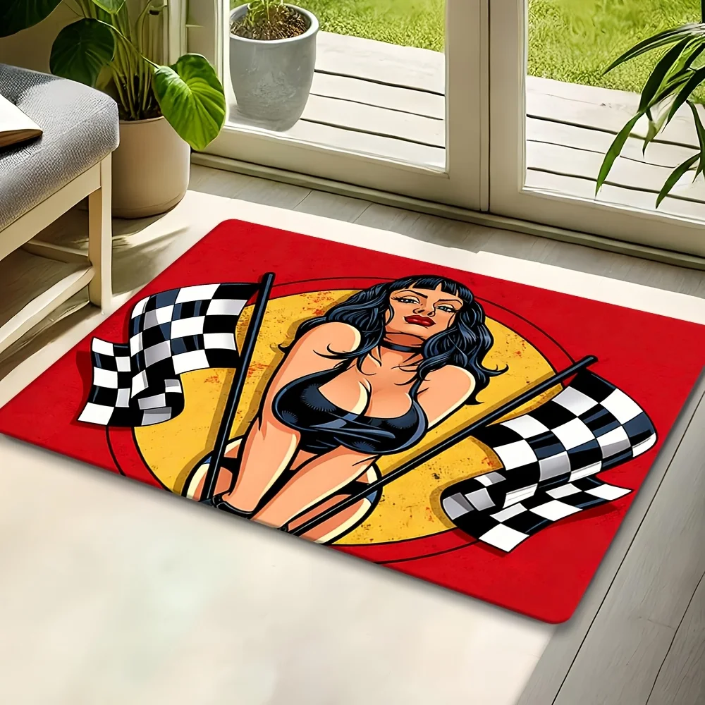 Racing Flag Pin-Up Doormat – Non-Slip Flannel with Vintage Bikini Woman & Checkered Flags on Red, Entryway Kitchen Bathroom