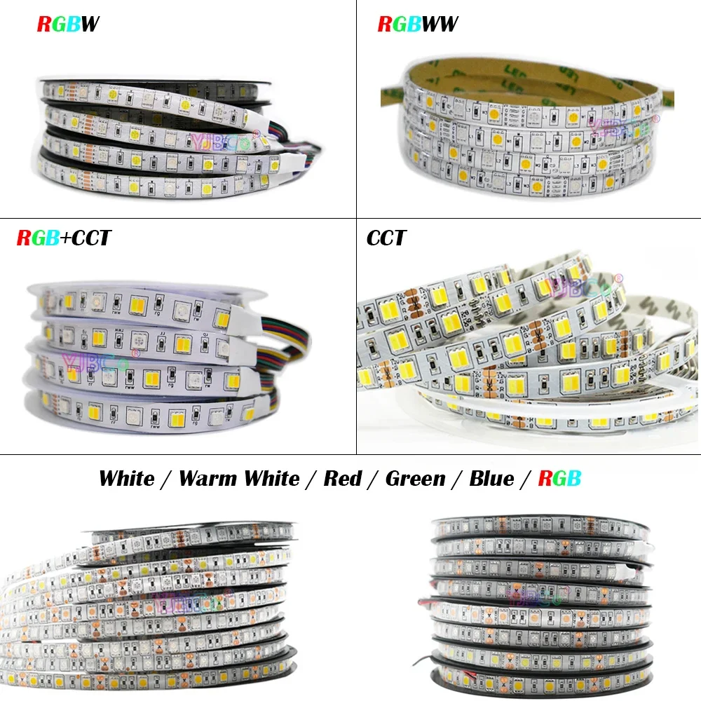 

12V 24V 5M CCT/White/Warm White/Red/Green/Blue/RGB/RGBW/RGBWW/RGBCCT Flexible LED Strip 60LEDs/m SMD 5050 single color Light