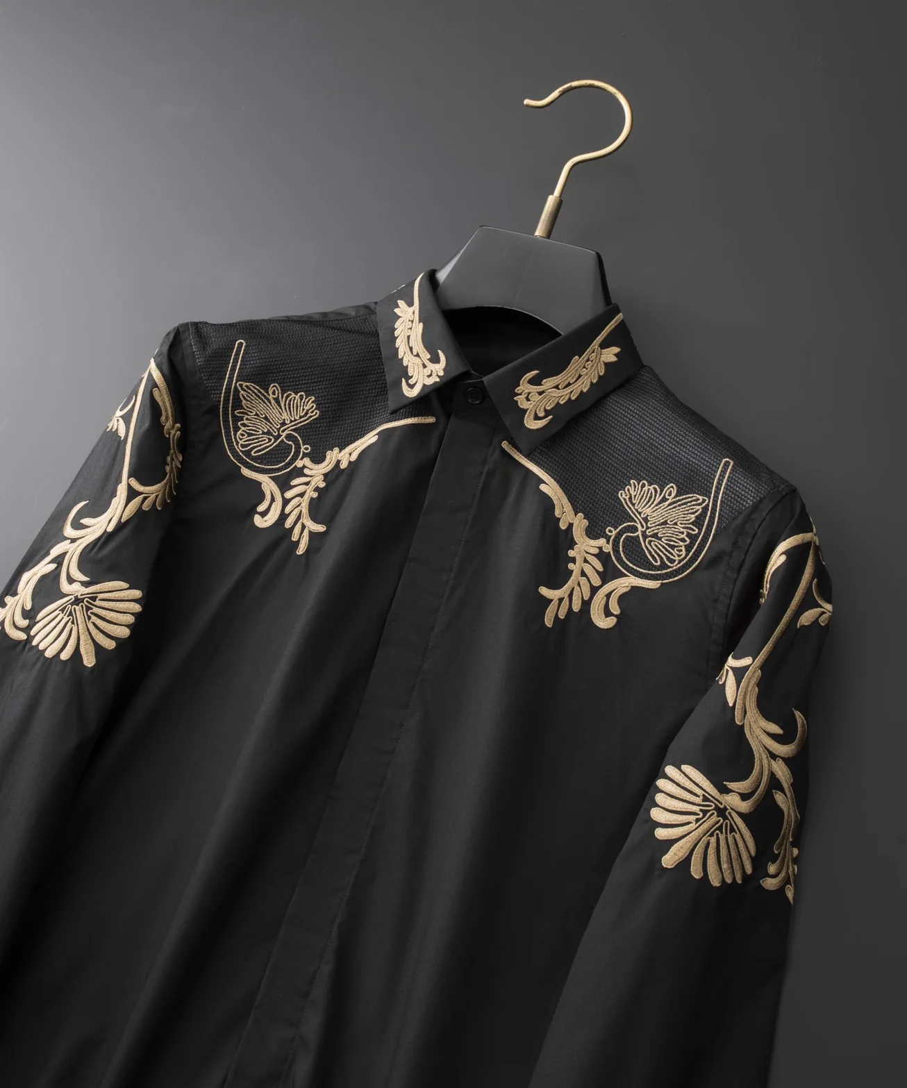 Autumn high-end craft embroidered wheat ear flower men's long sleeved shirt European and American style versatile shirt