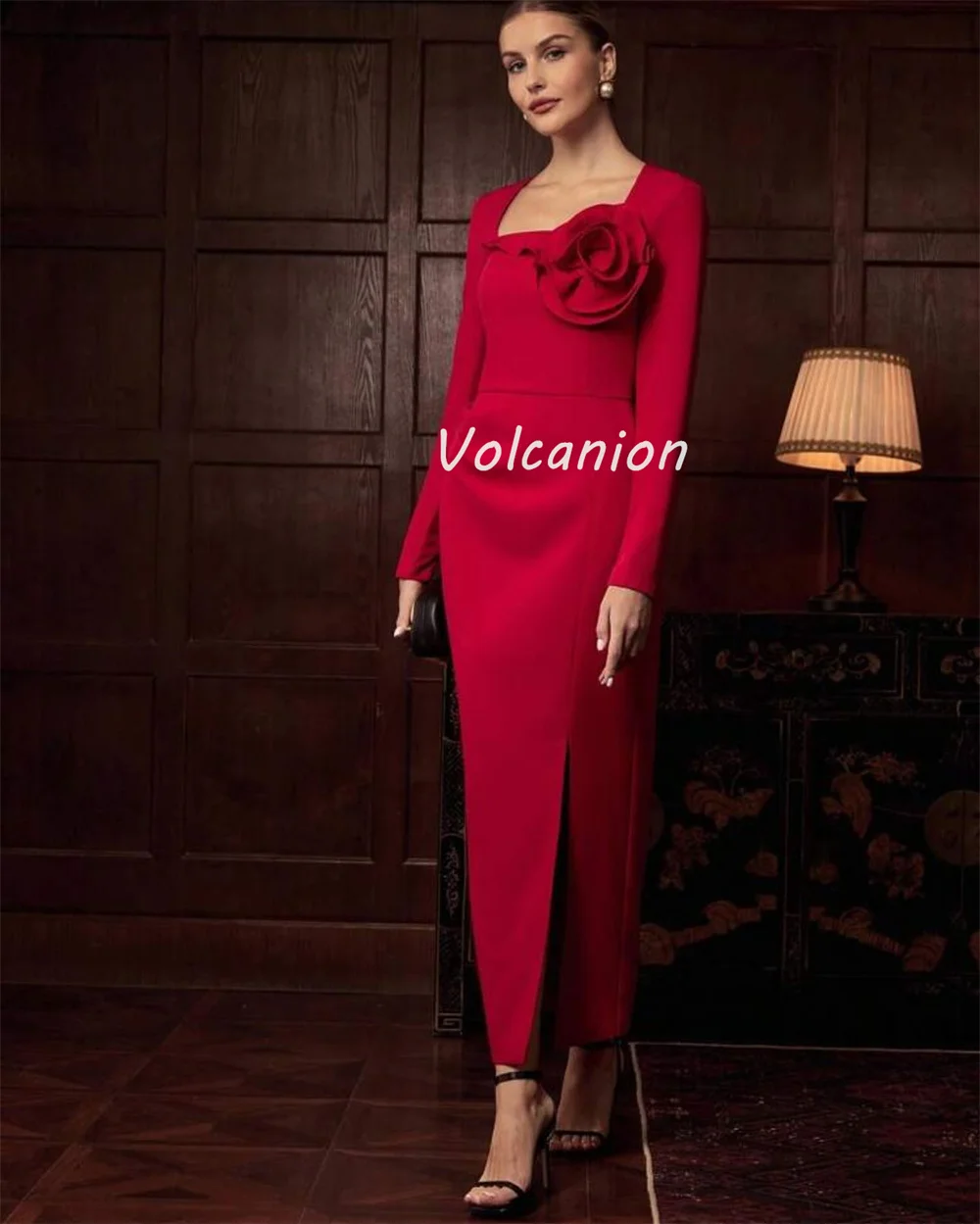 Personalizado estilo moderno elegante jérsei artesanal flor plissado em linha reta pescoço quadrado tornozelo comprimento vestidos sob medida vestidos de ocasião