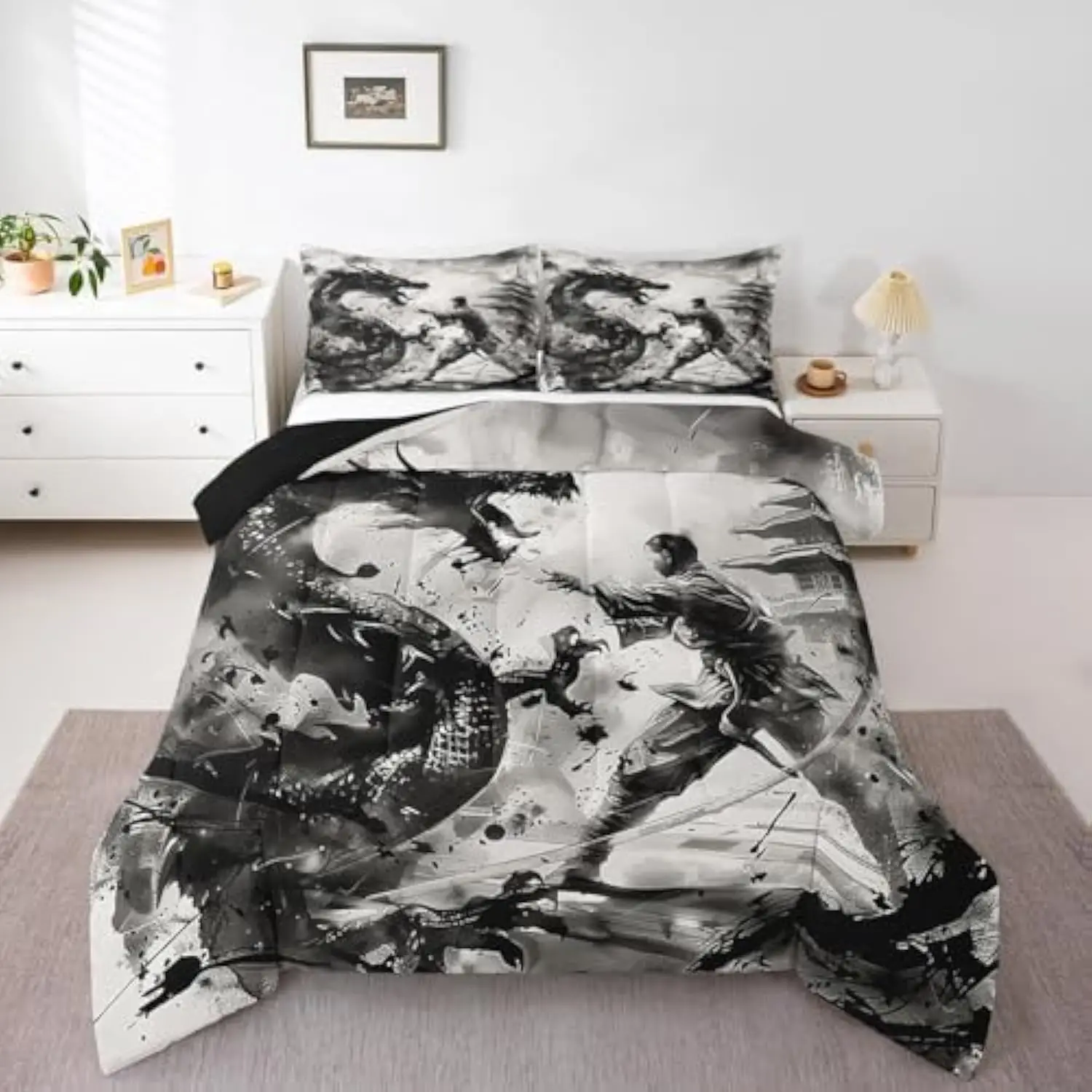 

Boys Dragon Comforter Set Full Size, Vintage Loong Bedding Set for Kids Teens Adult, Ancient Wildlife Animal Duvet Insert Warr
