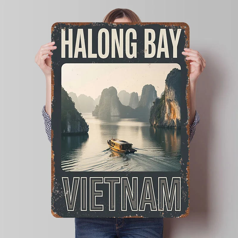 Placa de Metal Personalizada Halong Bay Vietnã: Arte de Parede Retrô Vintage para Decoração de Caverna Masculina e Casa Estética