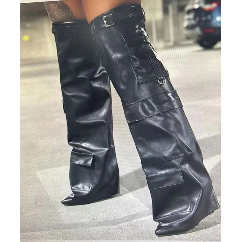 

Multi Pocket Pointed Toe Over The Knee Boots Wedge Cargo Pocket Leg Knee Botines Women Fashion Catwalk Plus Size Shoes Chaussure