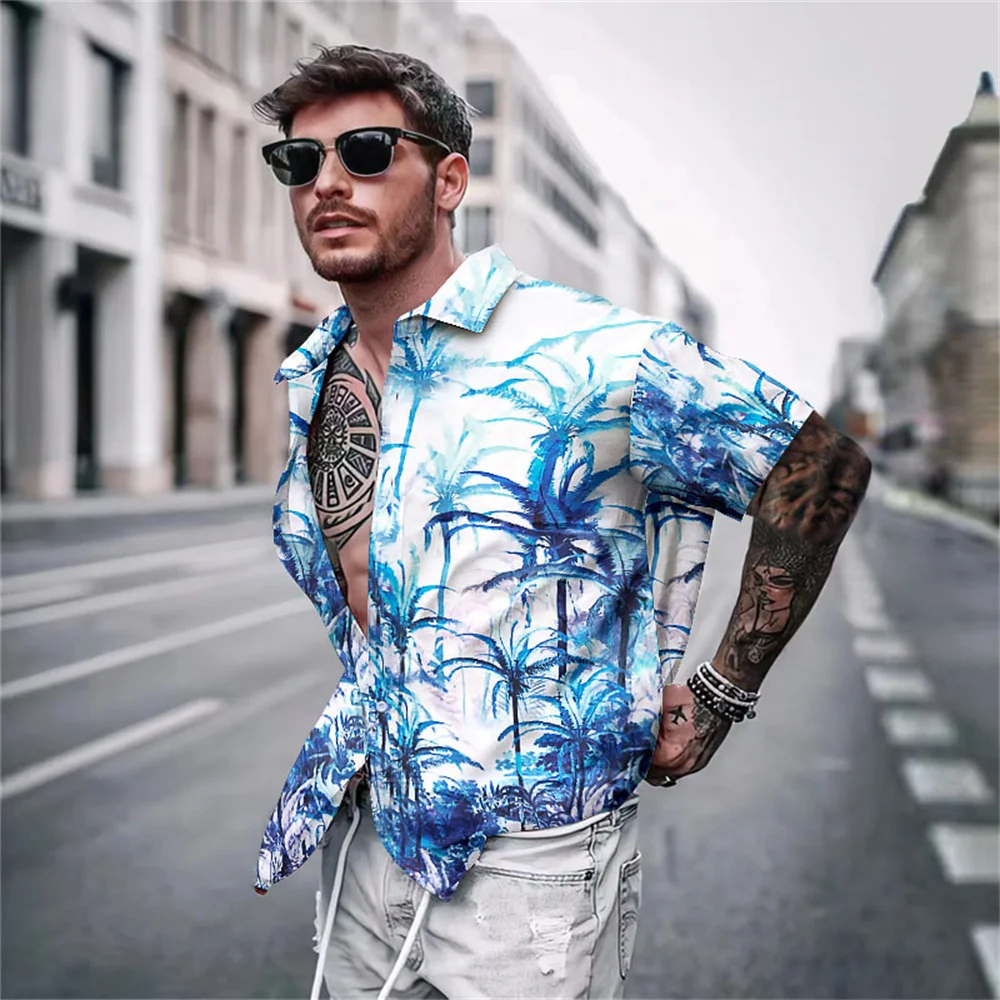 

2023 new men's top tree leaf print pattern lap lauted single -breasted Hawaiian short -sleeved shirt men's street clothing