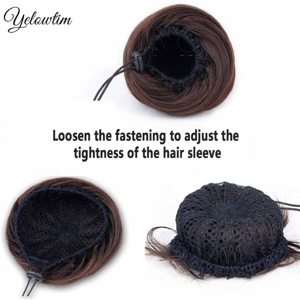 YELOWTIM-Sintético Elástico Cabelo Bun Scrunchie, Chignon Encaracolado, Alta Temperatura, Clipe Falso Natural, Extensões De Rabo De Cavalo