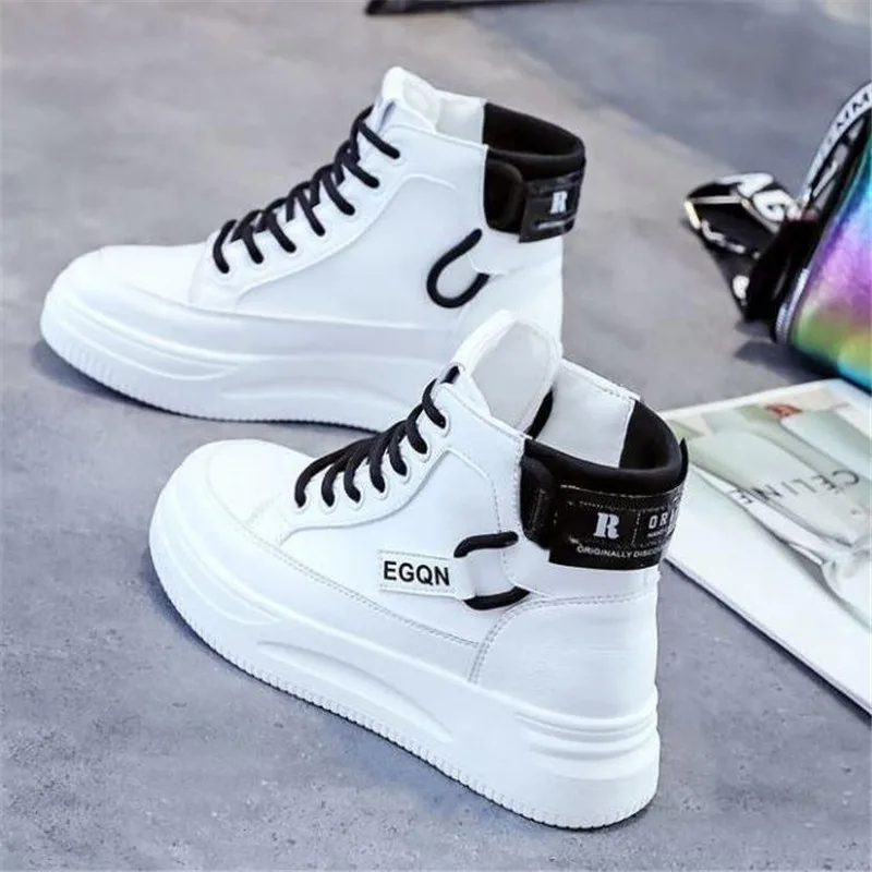 Women Platform Sneakers White High Top Vulcanize Shoes Leather Chunky Casual Shoe Fashion Autumn Leisure Flats Women\'s Sneaker