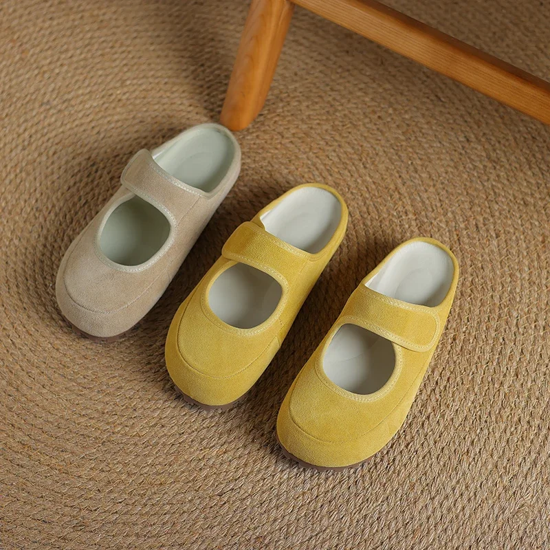 

Новинка 2023 года, летние женские сандалии из натуральной кожи, 22-24,5 см, женская обувь из овечьей замши и свиной кожи, туфли-лодочки на липучке, полутапочки