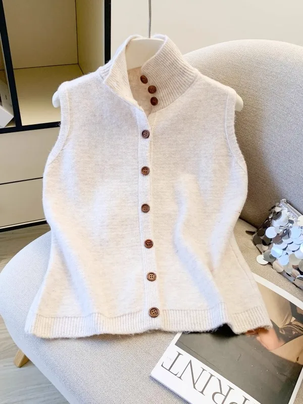 

Warm Cozy High Collar Single Button Knitted Sweater Vest Women's Autumn Winter Faion Lazy Sle Layering Soft Knitwear