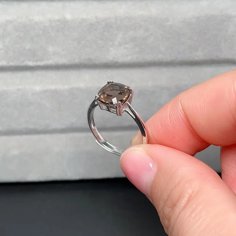 Natural Smoky Quartz Ring 8mm VVS Grade Quartz 925 Silve Rring with Gold Plating