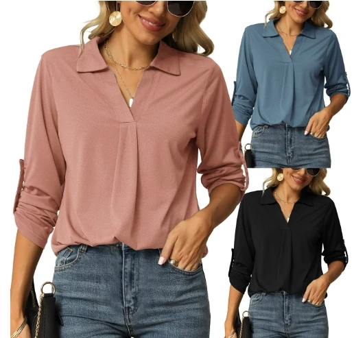 Women's Career Commuting Blouses 2025 Autumn Winter Latest Solid Color Elastic Shirt V-Neck Long Sleeved Top Lapel Warm T-Shirt