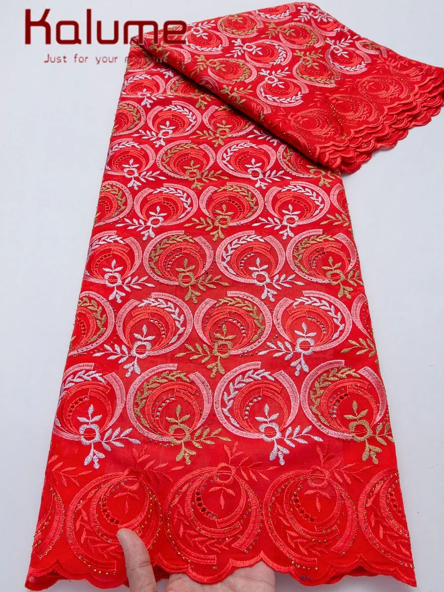 

Красная хлопковая кружевная ткань с вышивкой Kalume, высококачественная африканская нигерийская швейцарская вуаль, 5 ярдов, для женщин