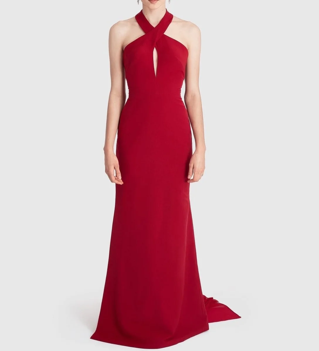 

Customized Long Red Crepe Evening Dresses with Slit Mermaid Halter Pleated فساتين السهرة Floor Length Prom Dress for Women