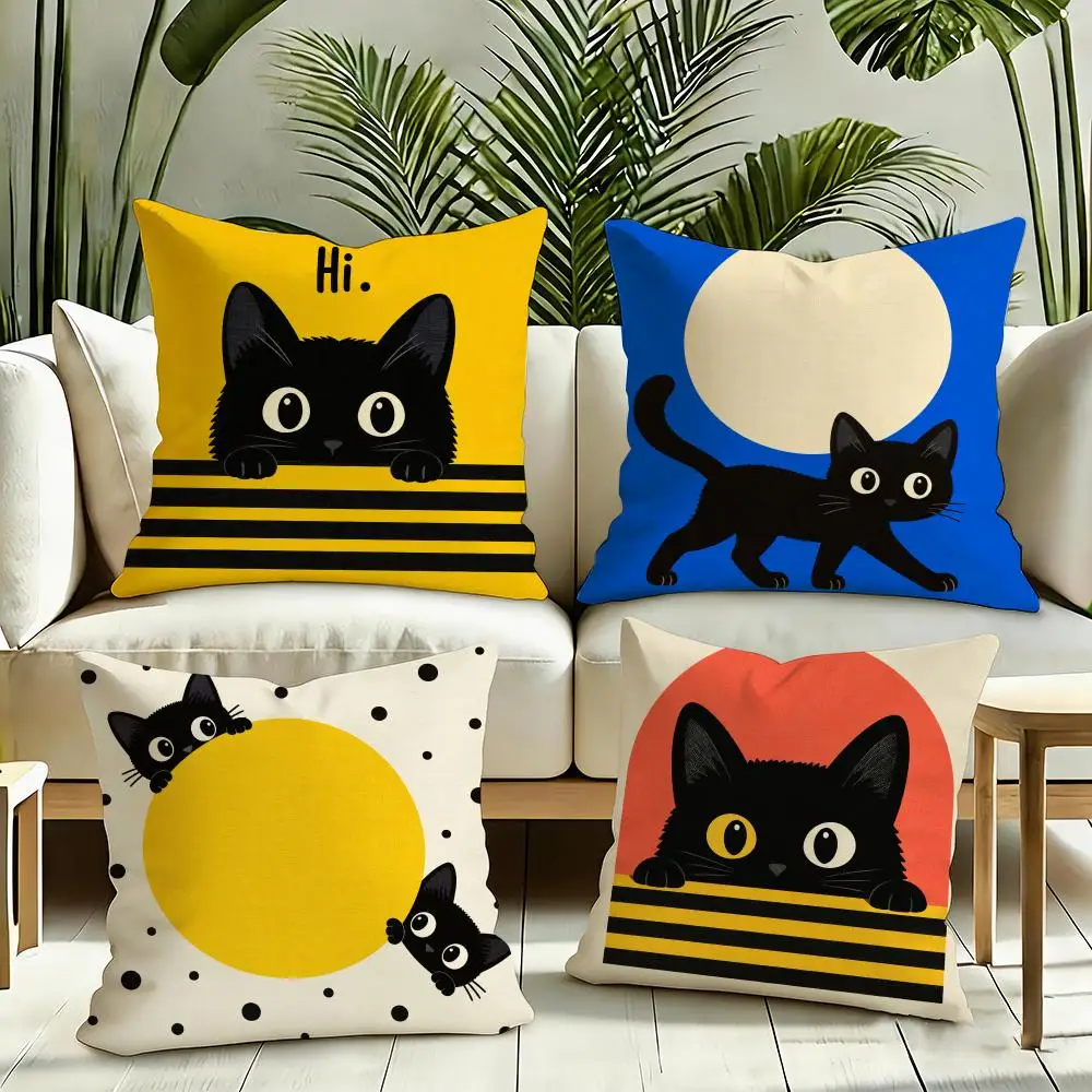 Hello Black Cat Cushion Cover Silky Short Plush Invisible Zipper Dustproof Sofa Pillow Case for Home Decor