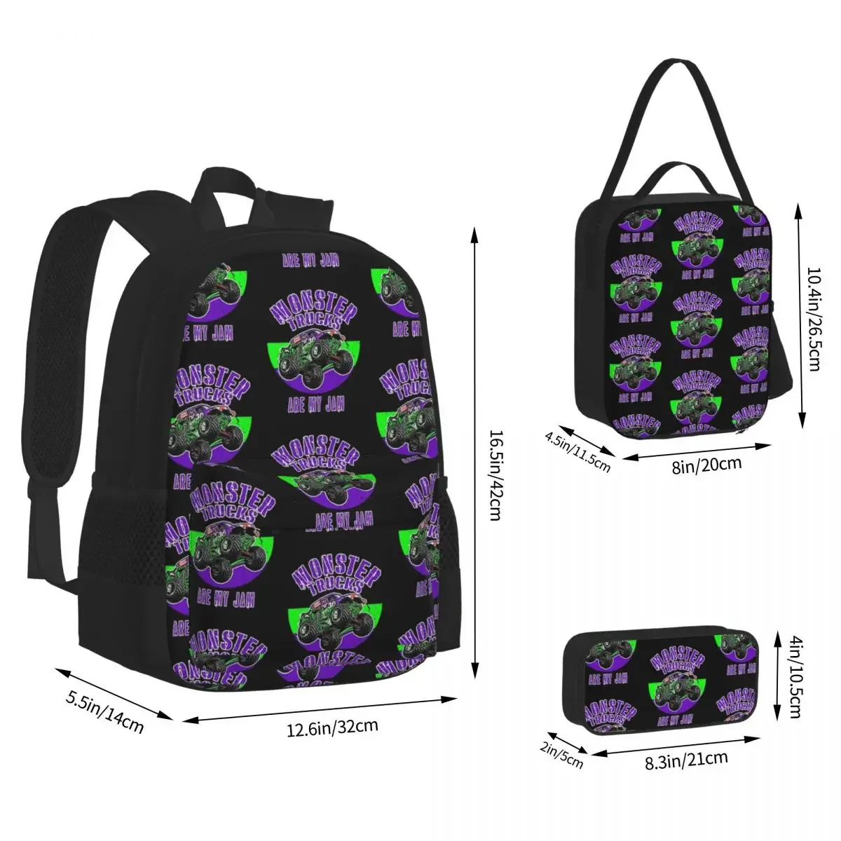 Monster Truck Are My Jam Grave Digger Vintage Art Backpacks Bookbag School Bags Rucksack Lunch Bag Pen Bag Three-Piece Set