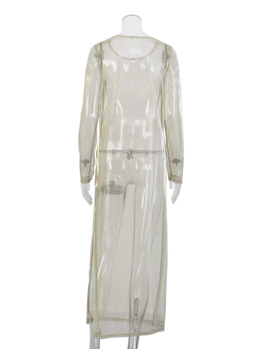 ชุดนอนแฟชั่นผู้หญิง Marthaqiqi คอทรงโอ แขนยาว ชุดนอนเซ็กซี่แบบผ่าข้าง ชุดนอนยาวถึงข้อเท้า ชุดนอนผู้หญิง