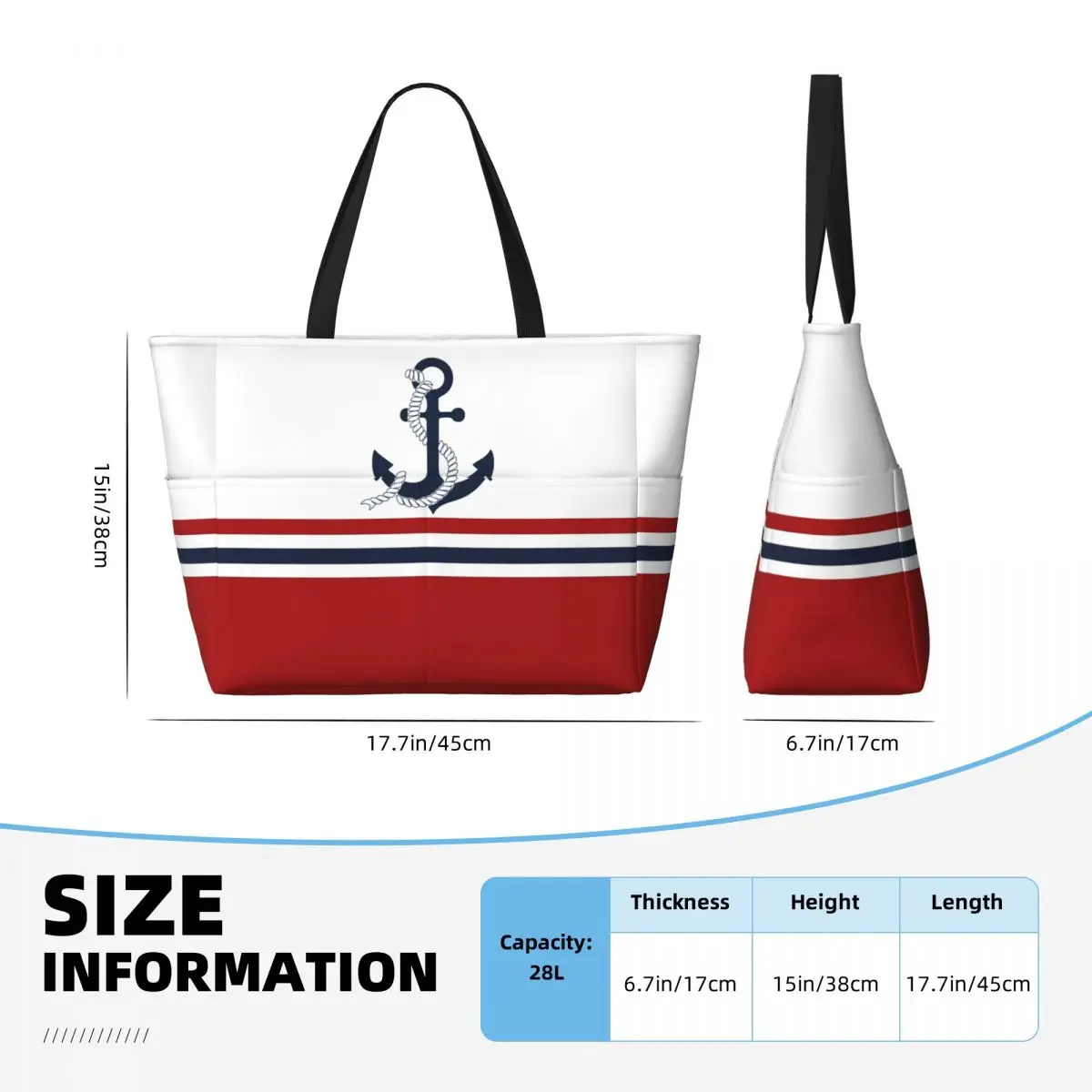 Custom Nautical Blue Anchors Stripes Beach Tote Bag for Women Sailing Sailor Big Compartment Gym Beach Travel Bags image 4