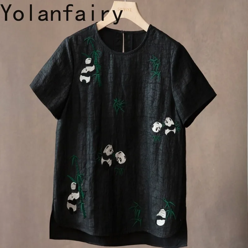 YOLANFAIRY 40 Momme 100%Mulberry Silk T-shirt for Women Summer Gambiered Short Sleeve Top Ekegant Embroidery Daily Blouse Tees