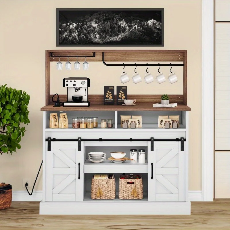 

47" Farmhouse Coffee Bar Cabinet Sideboard Buffet Cabinet w/Sliding Barn Door