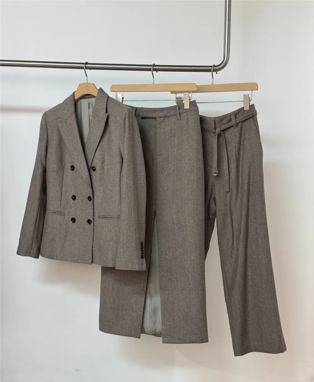 25 الخريف/الشتاء جديد المرأة مزدوجة الصدر 100% الصوف دعوى سترة + نصف تنورة + السراويل الطويلة ثلاث قطع مجموعة