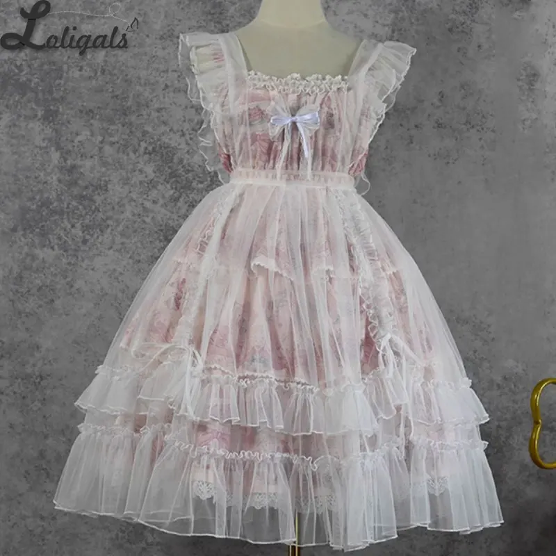 Sweet Sheer Lolita Apron Ruffled Mesh Layered Cover up Dress w. Drawstring Two Way