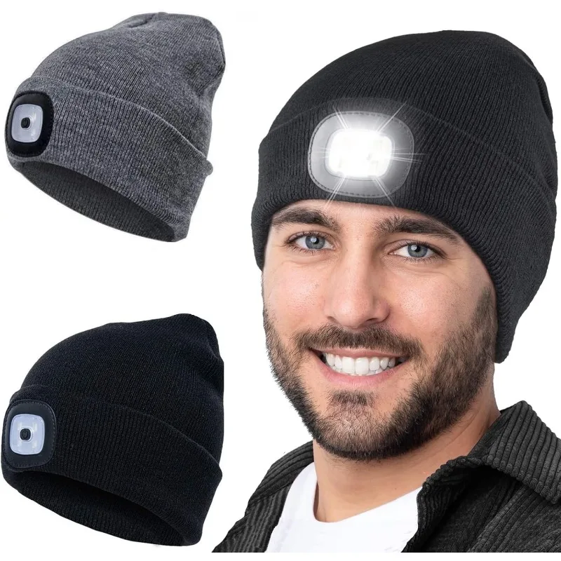 LED Lighted Beanie Hat USB Rechargeable Unisex Warm Winter Knitted Cap Headlamp Flashlight For Night Running Cycling