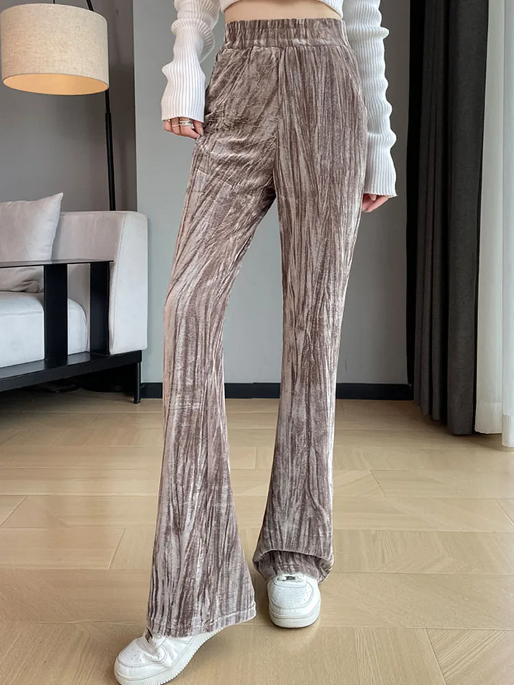Women's Casual Thicked Velvet Bootcut Pants High Waist Casual Vintage Wide Leg Pantalones Straight Fashion Loose Elastic Hosen