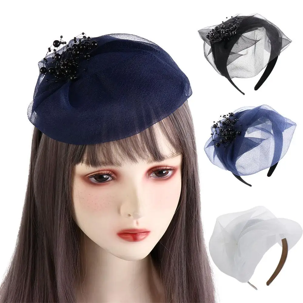 

Sweet Bead Yarn Half Hat Headband Mesh French Style Mesh Hair Hoop Headdress Plastic Hat Shape Hairband Girl