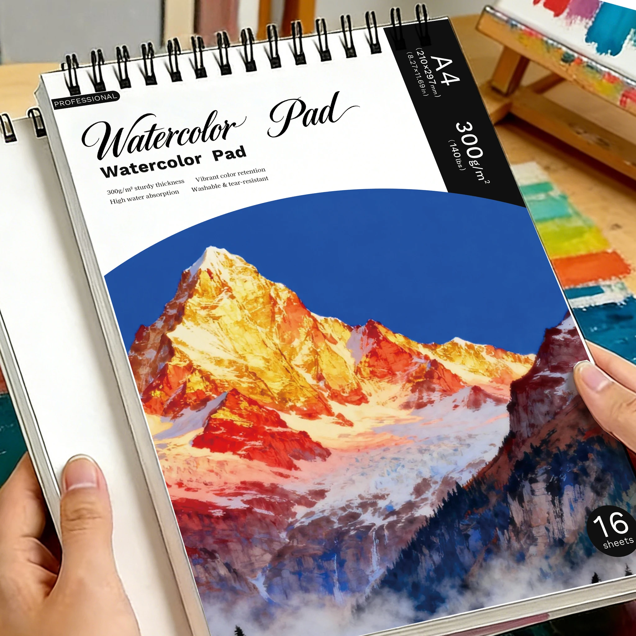 A4  Spiral Watercolor Pad 300gsm, Snow-Capped Mountain Sunrise Cover, 16 Sheets Acid-Free Art Sketchbook for Back to School