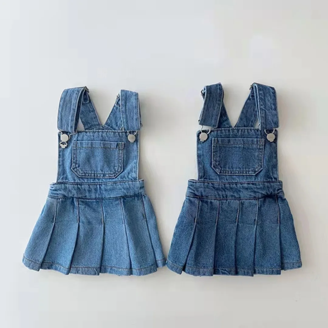 New Arrival Toddler Girl Korean Fashion Jean Jumper Gown, All-match Strap Kids Daily Outfit for 73-120cm