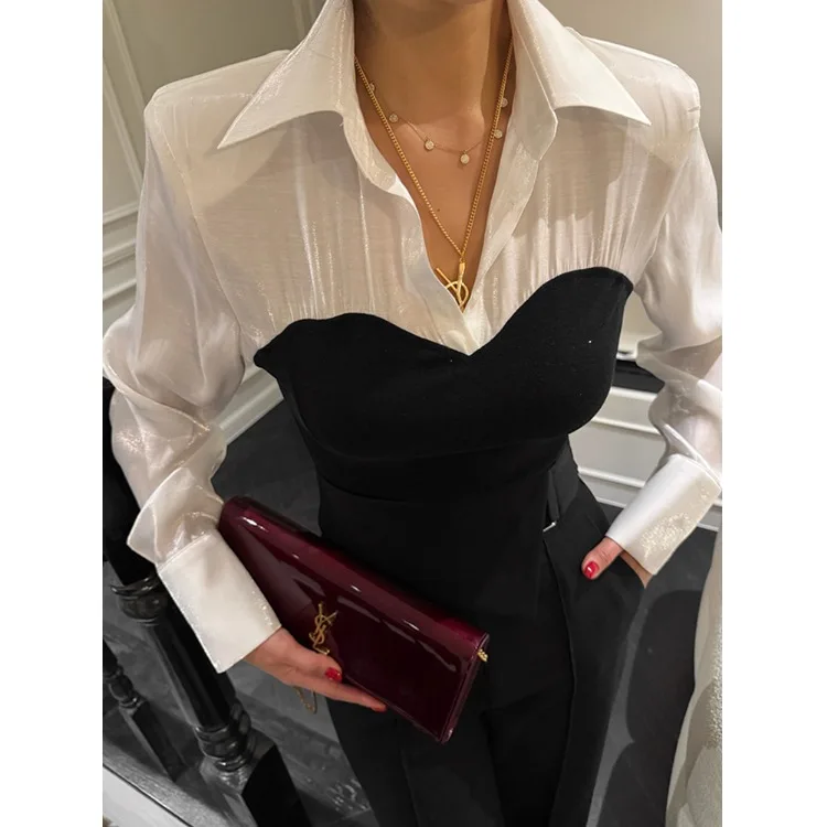 

Ele Knitted Splice irt Women's Slim Fit Base Layer Top Spring New Sle Waist Cinching Fake Two-Piece Casual Sweater