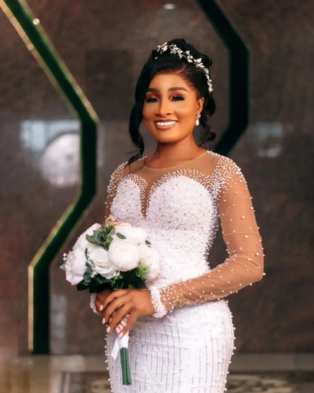 Aso Ebi Plus Size Ivory Mermaid Wedding Dresses Lacefull Pearls Detachable Train Full Sleeves Bridal Gowns Dress Vestidos De No