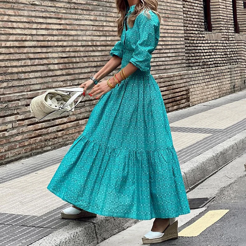 Spring Vintage Geometry Pattern Print Maxi Dress Fashion Boho Long Sleeve Party Dress Casual High Street Beach Dress Mujer