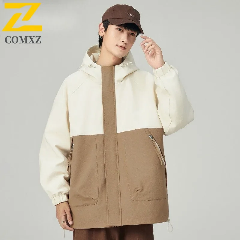 

COMXZ 2025 Мужская куртка больших размеров для кемпинга и путешествий с капюшоном, ветровка с цветными блоками, модное повседневное пальто Gorpcore