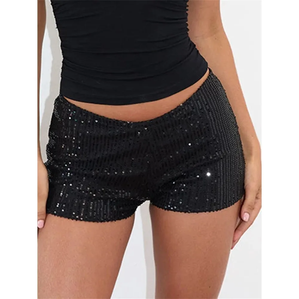 

Women's Summer Sequins orts Low Rise Elastic Waist PU Fabric Ladies Faionable iny orts Casual High Waist Trousers