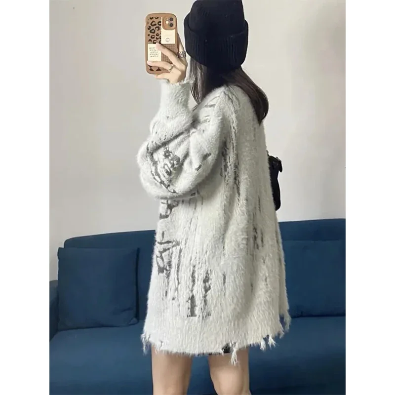 Y2K Knitted Cardigan Women Harajuku Oversized Print Sweater Coat Streetwear V Neck Zipper Knitwear Korean Casual Jumpers Tops