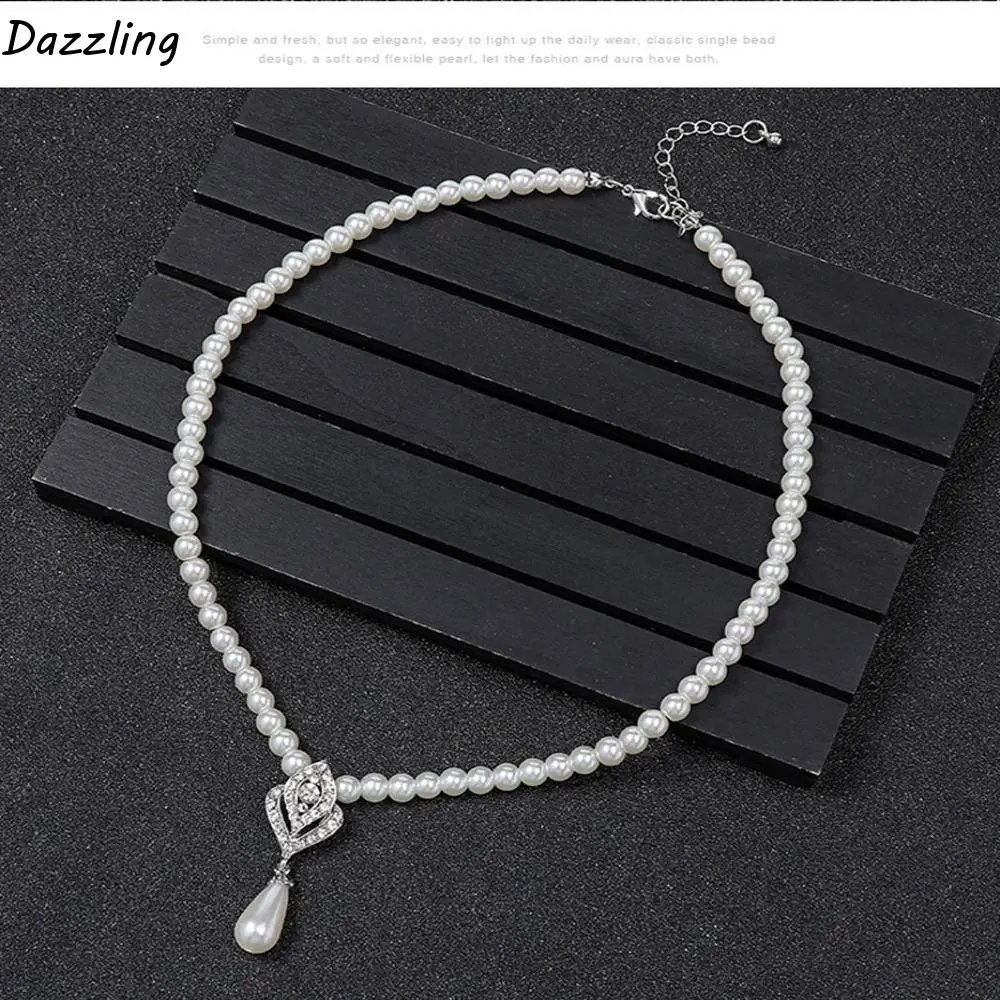 

Anniversary Gift Pearl Rhinestone Flower Alloy Women Necklace Dangle Earrings Bridal Wedding Jewelry Set Water Drop Earrings