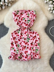 Foamlina 2025 Summer Fashion Cherry Print Strapless Dress for Women Elegant Sleeveless Backless Slim Bodycon Ruffles Mini Dress