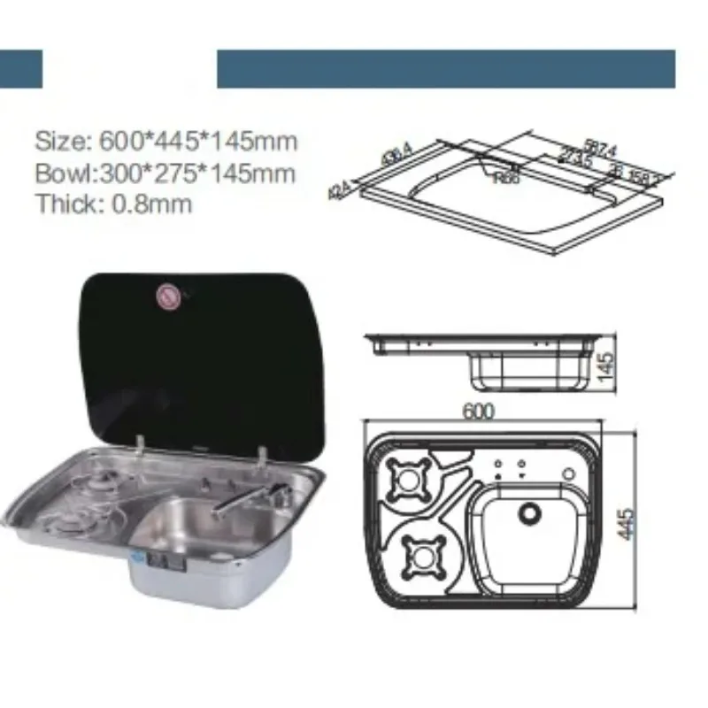 2 Burner Integrated Gas Stove 304 Stainless Steel With Black Glass Cover For Caravan Motorhome & RV Kitchen Sink