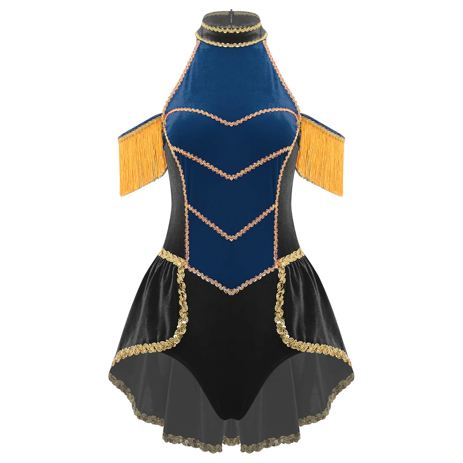 

Women Circus Honor Guard Halloween Costume Velvet Bodysuit Gold Trim Swallowtail One-piece Jumpsuit for Cosplay Themed Party
