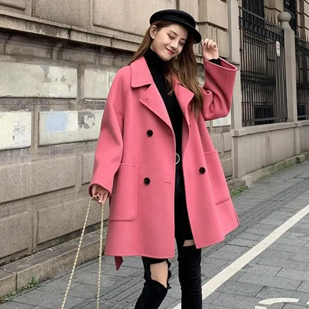 Lapel Collar Coat Stylish Double-breasted Woolen Jacket for Women Chic Outerwear for Work Outdoor Activities Fall Winter Lapel