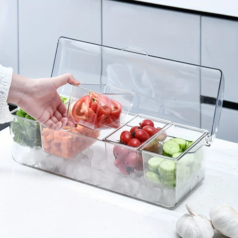 Condiment Tray Chilled Condiment Server Bar Garnish Holder on Ice, Bar Accessories Fruit and Salad with Removable Trays and Lid