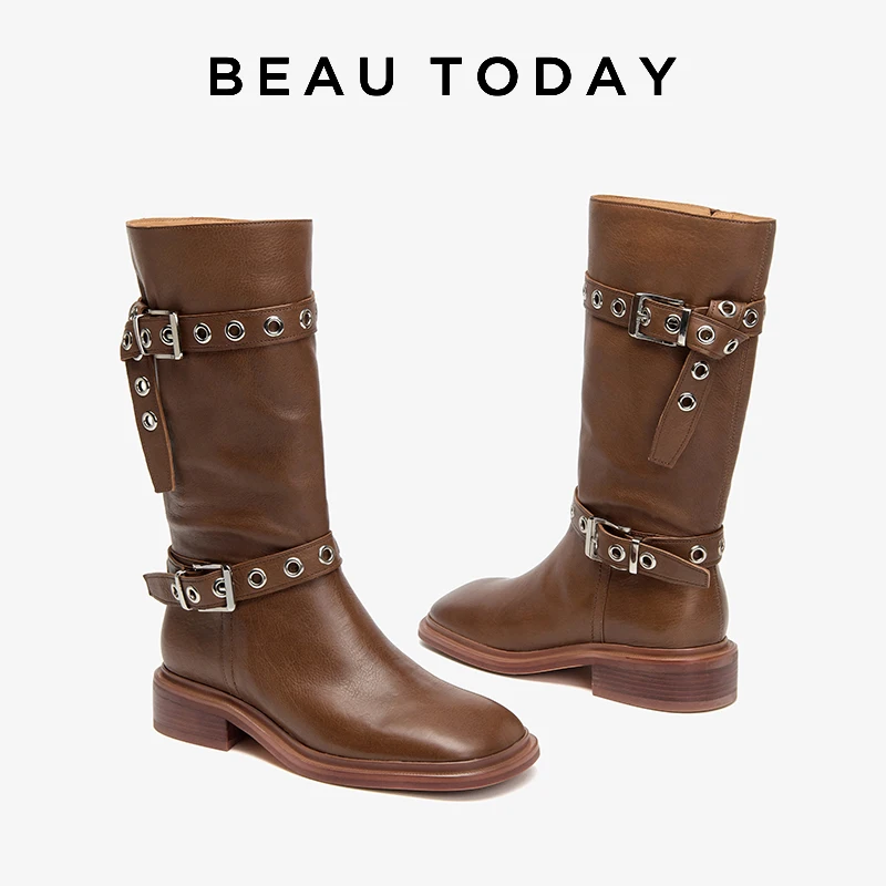 BEAUTODAY Western Long Boots Women Genuine Calfskin Solid Color Metal Decoretion Side Zipper Winter Ladies Shoes Handmade 01474