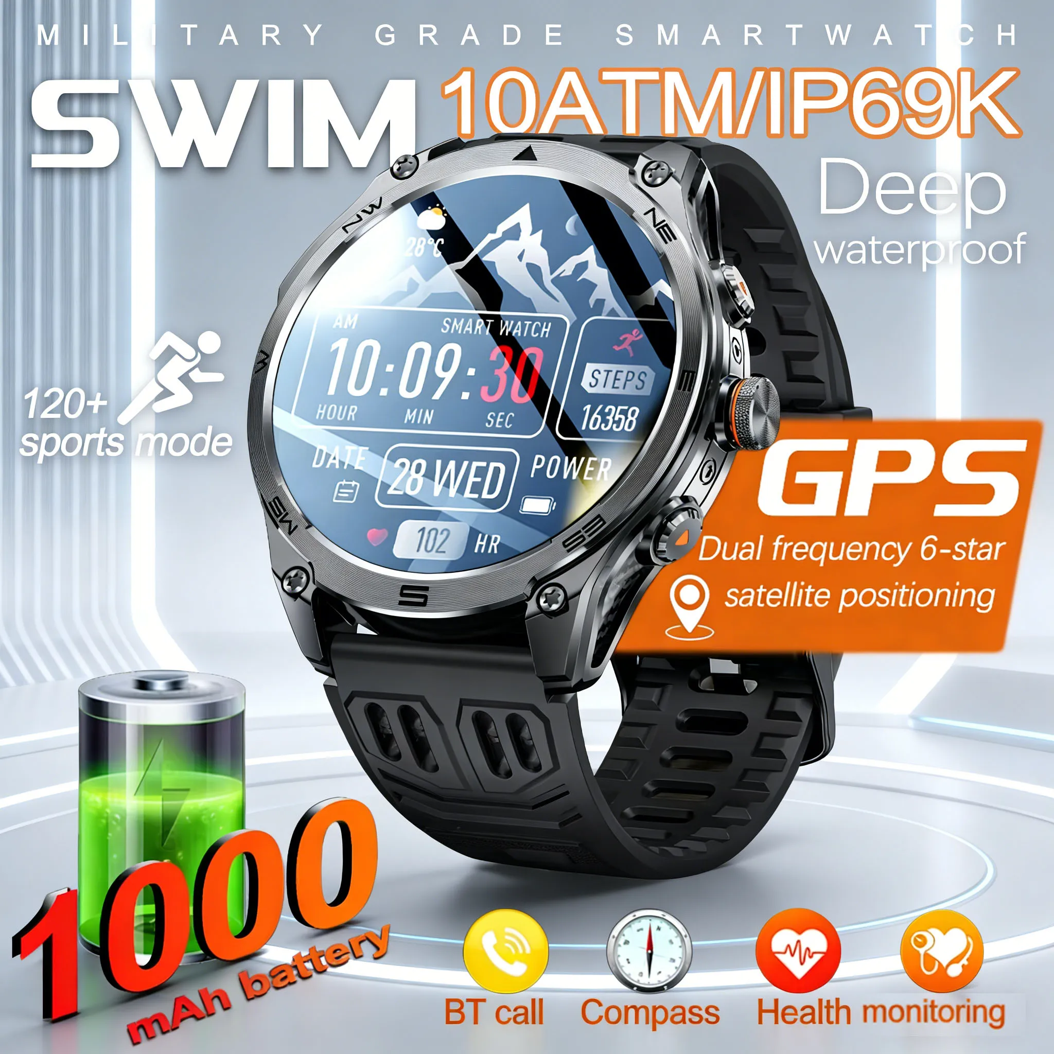 

GPS SmartWatch IP69 Waterproof Compass Military Smart Watches For Man New Premium Outdoor Altimeter Barometer Swim Sports Watch
