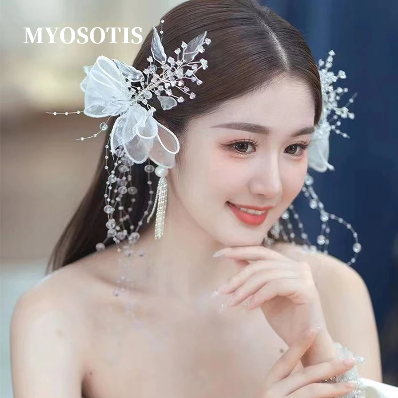 

New Handmade White Crystal Tassel Clip Snow Princess Wedding Styling Bridal Tiara Bowknot Gauze Hairclips