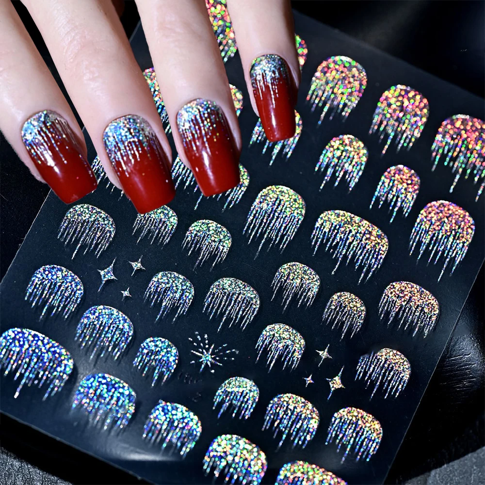 1 個 5D 光沢のあるフレンチタッセルウォーターフォールネイルステッカーホログラフィックレーザー花火自己粘着ネイルデカールフレンチウェーブラインネイル*&