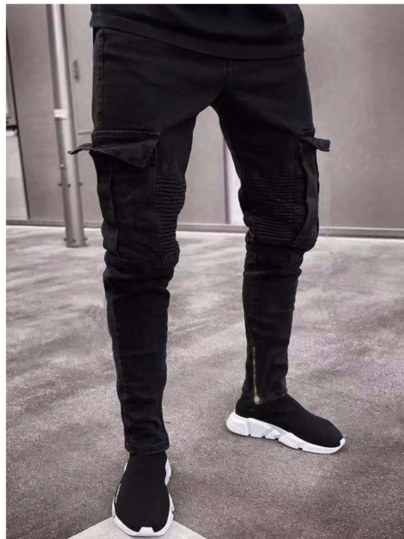 

Men Jeans Washed Denim Pencil Pants Ankle Length Trousers Hole Distressed Multi Pockets Casual Spliced Zipper Vintage Denims
