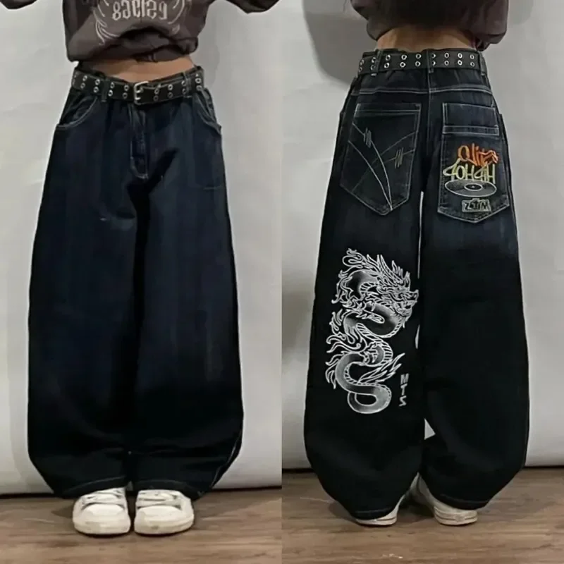 Harajuku Jeans cetakan Hip Hop Retro wanita, celana jins longgar pakaian jalanan baru Y2K warna hitam Gotik pinggang tinggi