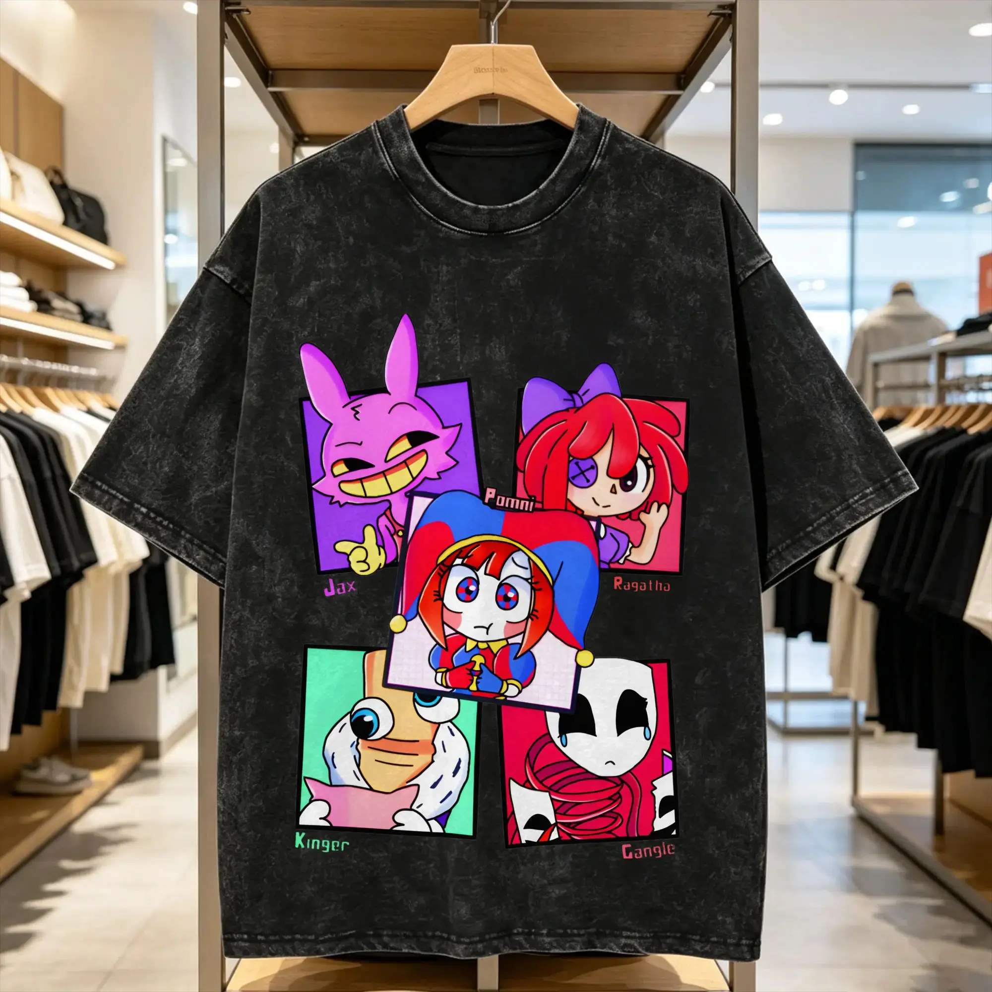 Men's T Shirt Cartoon Digatal Circus Washed T Shirts Hipster Characters  Summer Tee Shirt Streetwear Print Cotton Tops Gift